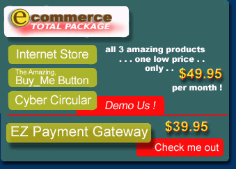 Green variant of the eCommerce Total Package advertisement, adding EZ Payment Gateway for $39.95 with a Check me out button