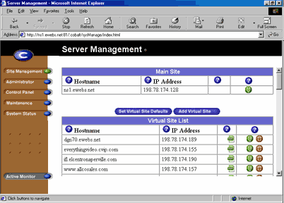 Internet Explorer 5 showing the Cobalt Server Management screen at ns1.ewebs.net, with a Virtual Site List of client hostnames and IP addresses in the 198.78.174 range