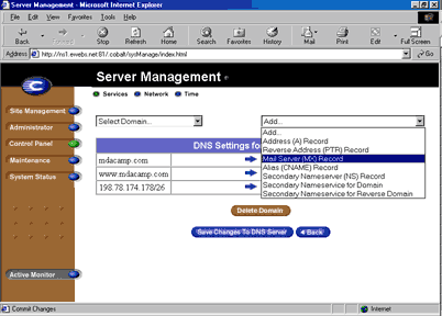 MX record form with domain and mail server name fields
