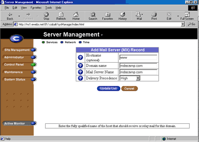 Form with www hostname, domain name, and mail server fields filled