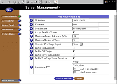 New virtual site form: IP address, www hostname, domain name, Confirm New Site