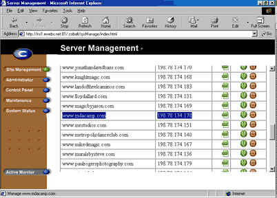 Virtual site list showing a green edit button and an orange trash button beside each domain