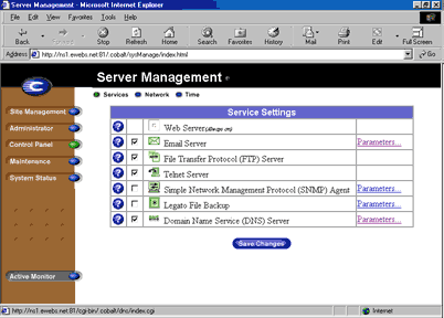 Cobalt control panel: Parameters button beside Domain Name Service (DNS) Server