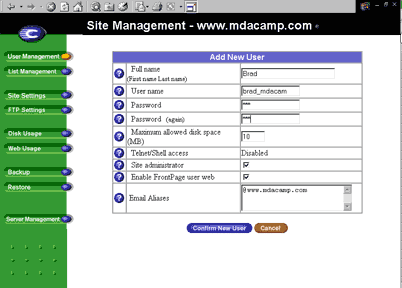 User form: full name, username, password twice, Site administrator and Enable FrontPage user web checkboxes, email aliases box