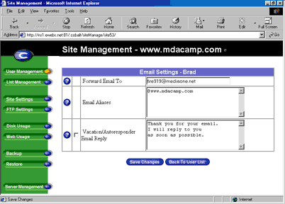 Email forwarding screen with Save Changes button